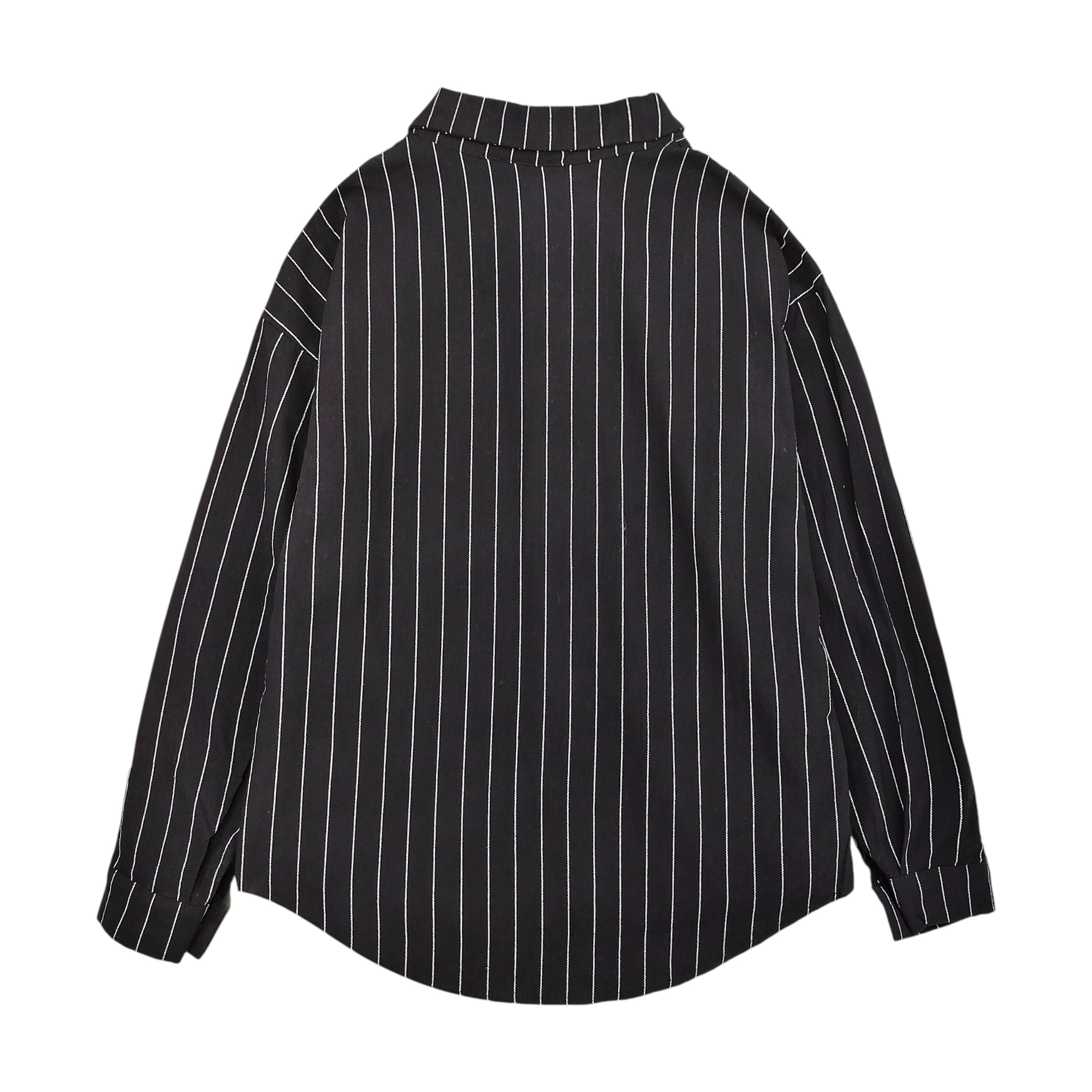 Back view of black vertical stripe cotton polyester shirt